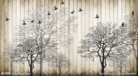 复古木板水墨树林小鸟