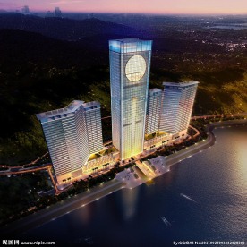 建筑大厦江边夜景效果-精细分层