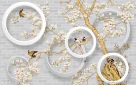 3D立体砖墙背景花鸟图