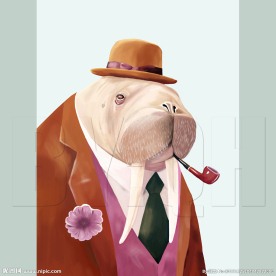 分层可换背景手绘动物烟斗海象