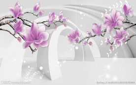 紫色花卉立体背景墙壁画