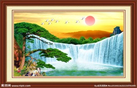 流水迎客松 旭日东升