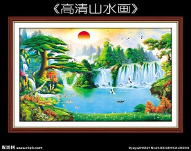 油画迎客松 瀑布山水画