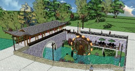 南方农村廊桥水车景观草图大师