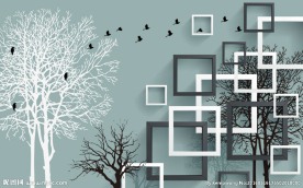 现代简约黑白方格飞鸟枯树PSD