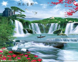 流水生财山水花朵中式背景墙