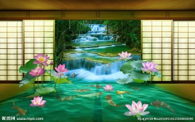 经典荷花流水中式背景墙
