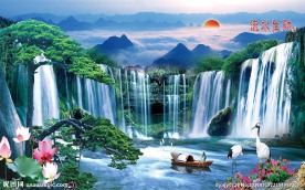 流水生财山水荷花中式背景墙