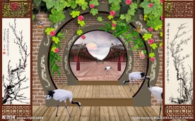 雪梅拱门木板丹顶鹤PSD中国风