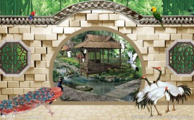 孔雀仙鹤庭院鹦鹉式韩式风格背景