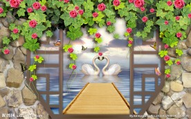 蔷薇玫瑰蝴蝶心形天鹅石墙PSD