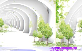 桥洞绿树工笔过道3D艺术背景墙