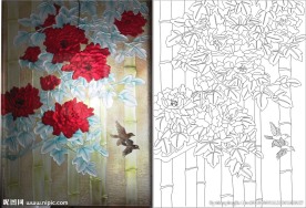 牡丹花 竹子 小鸟