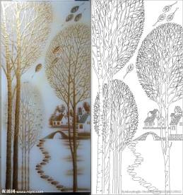 金色树 房子 小桥