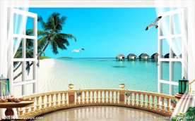 3D窗户阳台海景