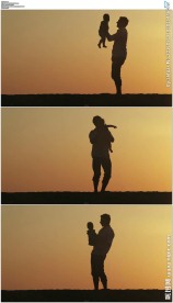 夕阳下父母牵着小孩行走剪影