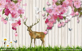 欧式花卉木板麋鹿背景墙