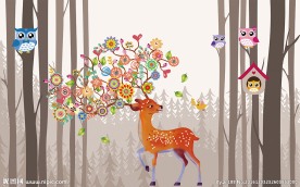 手绘简约欧式麋鹿背景墙