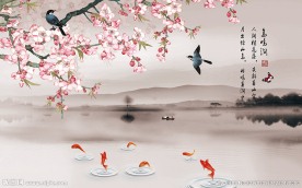 桃花水墨山水背景墙