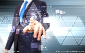 商务人士手指点触科技信息屏幕