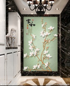 新中式立体浮雕花朵玄关背景墙