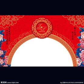 中式大红金色青花瓷婚礼迎宾背景