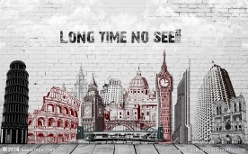 手绘世界名建筑装饰画背景墙