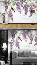 工笔紫藤萝山水花鸟背景墙