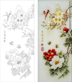 玉兰牡丹艺术玻璃矢量图线条图