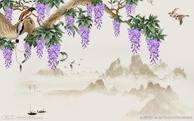 新中式紫气东来手绘紫藤萝背景墙