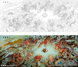 九龙戏珠艺术玻璃矢量图线条图