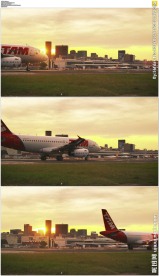 夕阳下飞机跑道划过