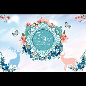 静谧蓝水彩花卉婚礼迎宾背景