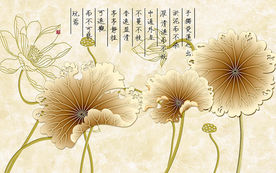 大理石手绘荷花电视背景墙