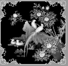 牡丹花鸳鸯精雕浮雕灰度