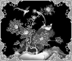 牡丹花鸟花开富贵精雕浮雕灰度