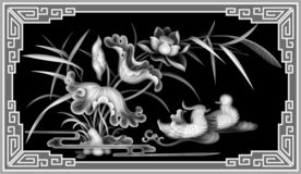 荷花鸳鸯精雕浮雕灰度