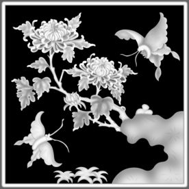 菊花蝴蝶灰度精雕浮雕