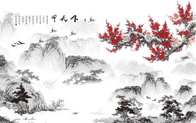 梅花水墨山水背景墙