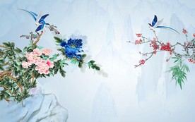 新中式牡丹蓝色花鸟电视背景墙