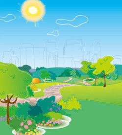 树林草地白云太阳卡通背景