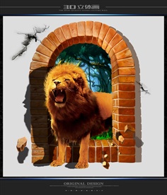 3D立体空间狮子壁画墙贴装饰画