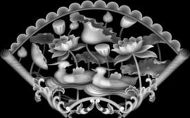 荷花鸳鸯扇形镂空屏风精雕浮雕