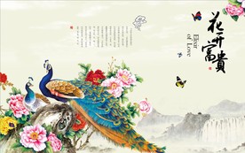 花开富贵牡丹孔雀电视背景墙