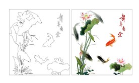 荷花5鱼年年有余印刷路径矢量图