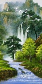 中式山水瀑布玄关背景墙