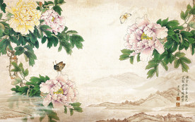 中式牡丹花开富贵电视背景墙