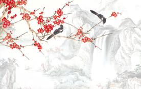 中式喜上眉梢山水电视背景墙