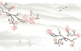 中式山水花鸟电视背景墙