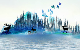 麋鹿森林水彩山水背景墙